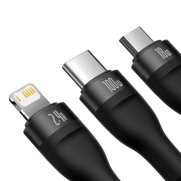 Cablu de date, Baseus, USB, USB-C + Micro USB + Lightning, 100 W, 1,2 m, Negru 2 Cablu de date, Baseus, USB, USB-C + Micro USB + Lightning, 100 W, 1,2 m, Negru - imagine 2