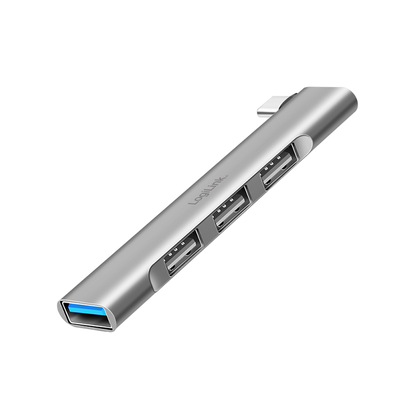 HUB extern LOGILINK, porturi USB: USB-A 3.0 x 1 + USB-A 2.0 x 3, conectare prin USB-C, aluminiu, gri