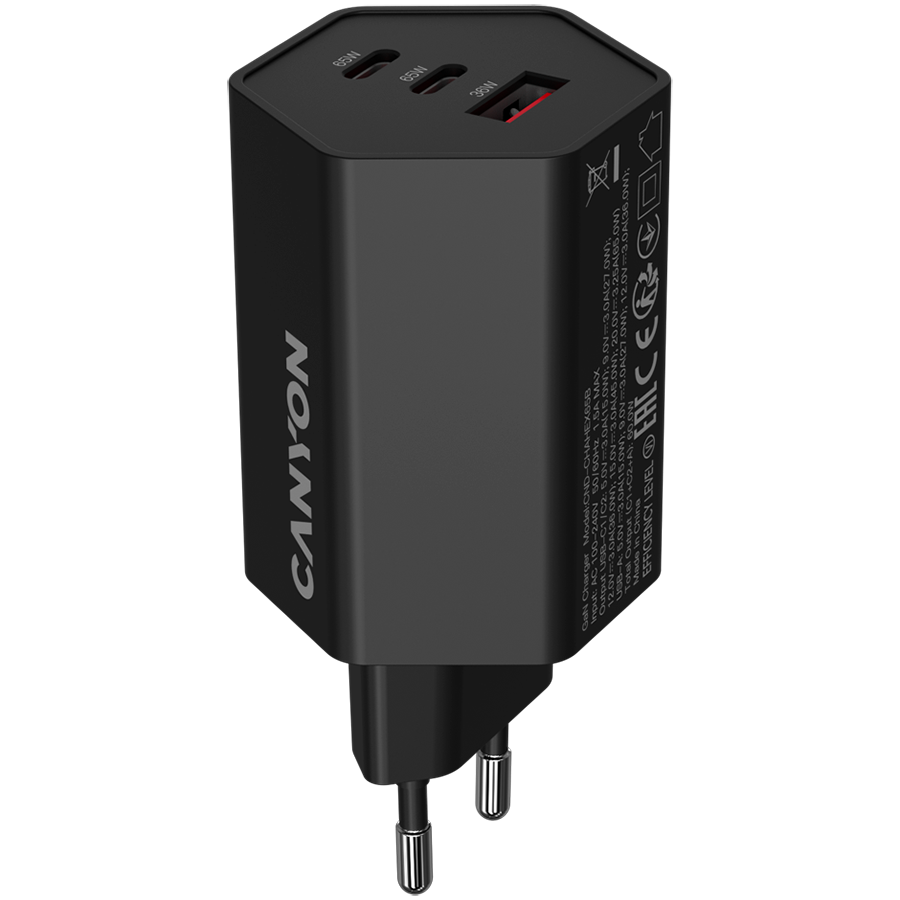 Incarcator retea CANYON CND-CHAHEX65B, 65 W, 2x USB Type-C, USB-A Negru