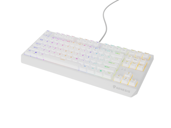 Tastatura gaming mecanica cu fir Genesis Thor 230 TKL, iluminare RGB, switch Linear, switch model Outemu Brown, numar taste 87, 11 butoane multimedia, lungime cablu 1.6m, dimensiuni 363 x 155 x 39 mm, alb
