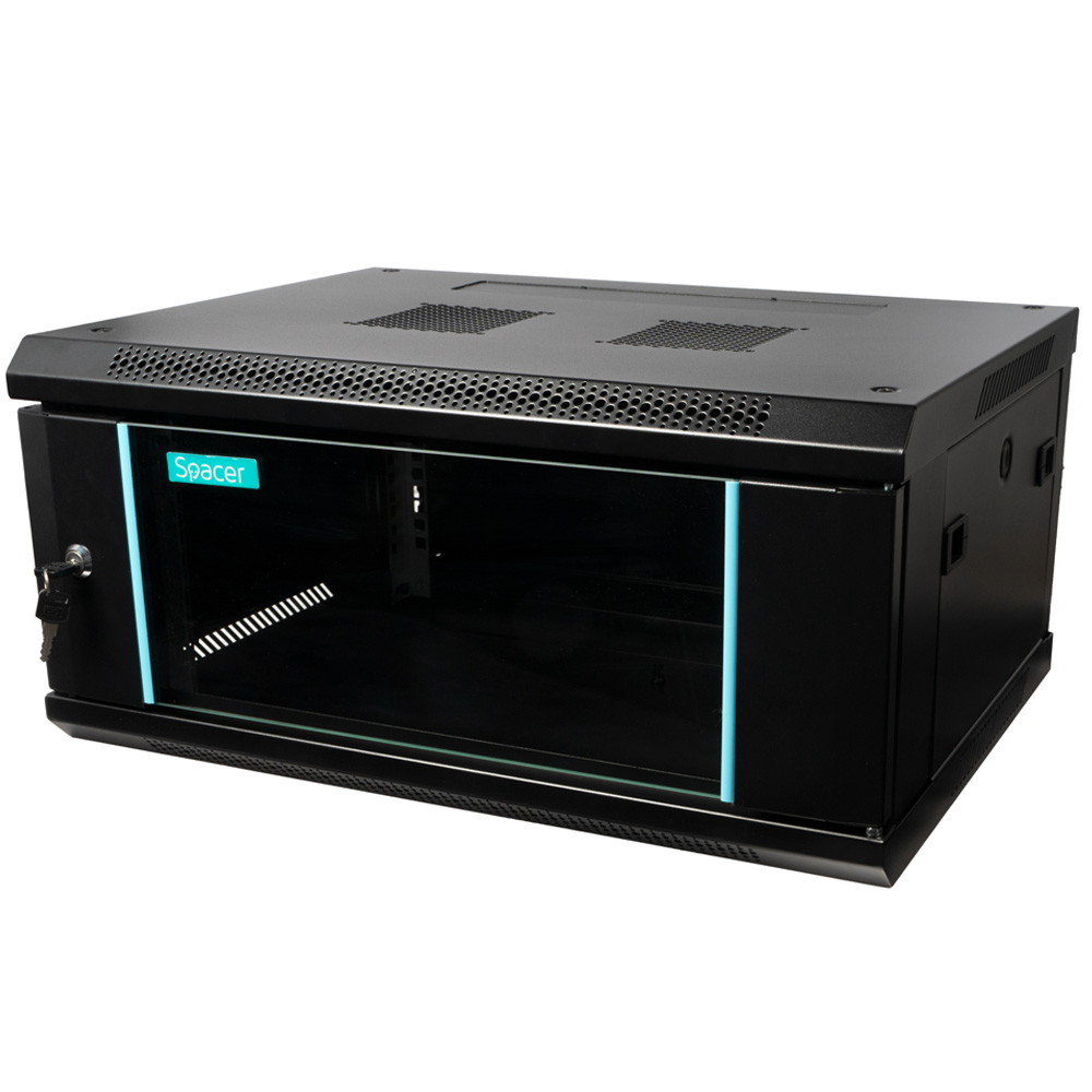 Cabinet 19″ SPACER 4U 600x450mm, fixare pe perete, Flatpack (dezasamblat), negru, usa sticla cu blocare, panouri detasabile, otel 1.5mm, sarcina maxima 60Kg