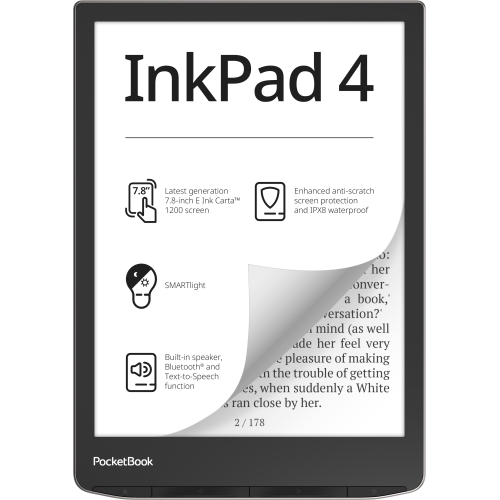eBook Reader PocketBook InkPad 4 PB743G, ecran tactil 7.8″ E Ink Carta™ 1200, 300dpi, 32GB, SMARTlight, G-sensor, Bluetooth&WiFi, Argintiu