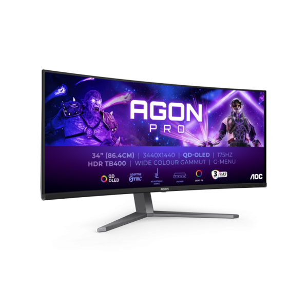 Monitor Gaming AOC, AGON, PRO, Curbat, 34″, QD-OLED, WQHD, 175Hz, 0.03ms, HDR400, TrueBlack, FlickerFree, Boxe, 8Wx2, HA, HDMI, DisplayPort, USB, hub, RGB, Light, FX, AG346UCD, Negru