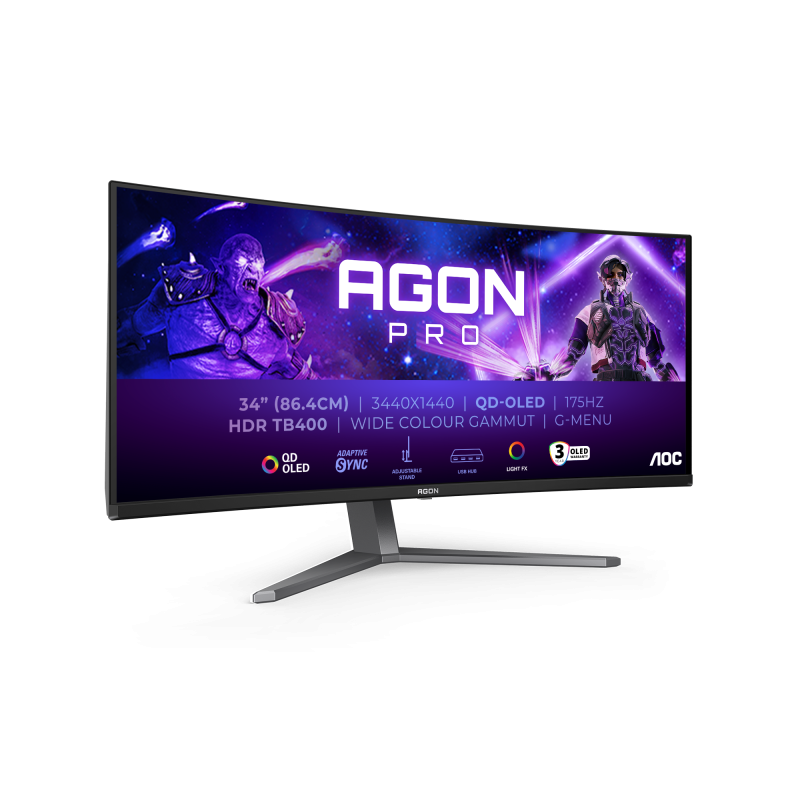 Monitor Gaming AOC, AGON, PRO, Curbat, 34″, QD-OLED, WQHD, 175Hz, 0.03ms, HDR400, TrueBlack, FlickerFree, Boxe, 8Wx2, HA, HDMI, DisplayPort, USB, hub, RGB, Light, FX, AG346UCD, Negru