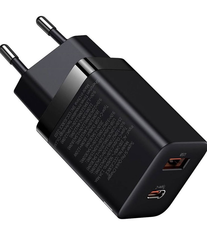 Incarcator telefon, Baseus, USB + USB-C, 30 W, Negru