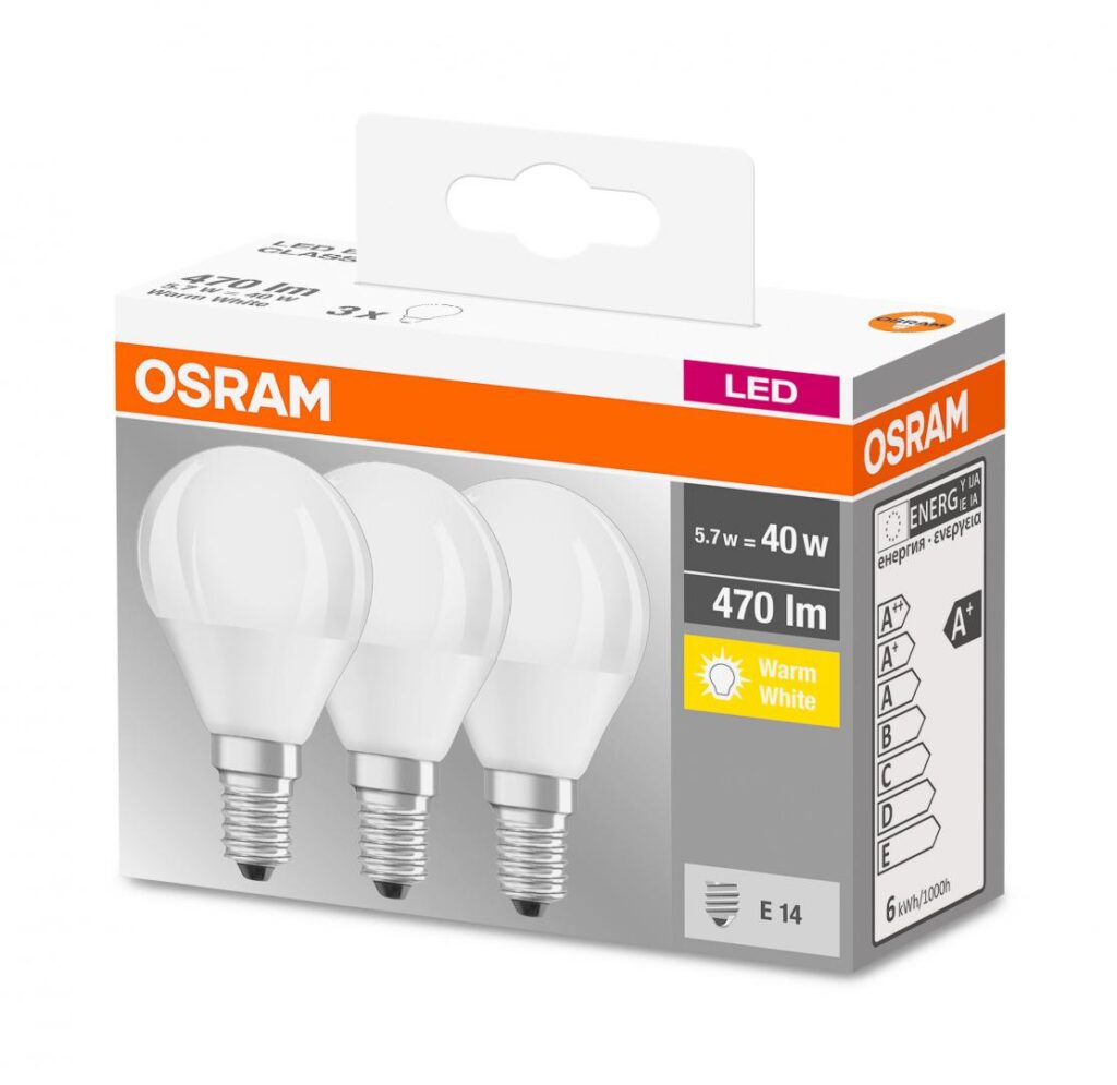 Set 3 becuri LED Osram Base Classic P40, E14, 4.9W (40W), 470 lm, lumina calda (2700K)