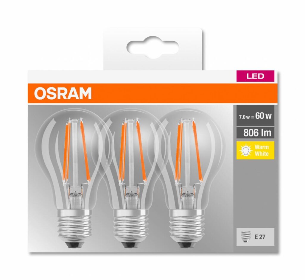 Set 3 becuri LED Osram Base Filament A60, E27, 7W (60W), 806 lm, lumina calda (2700K), clasa energetica E