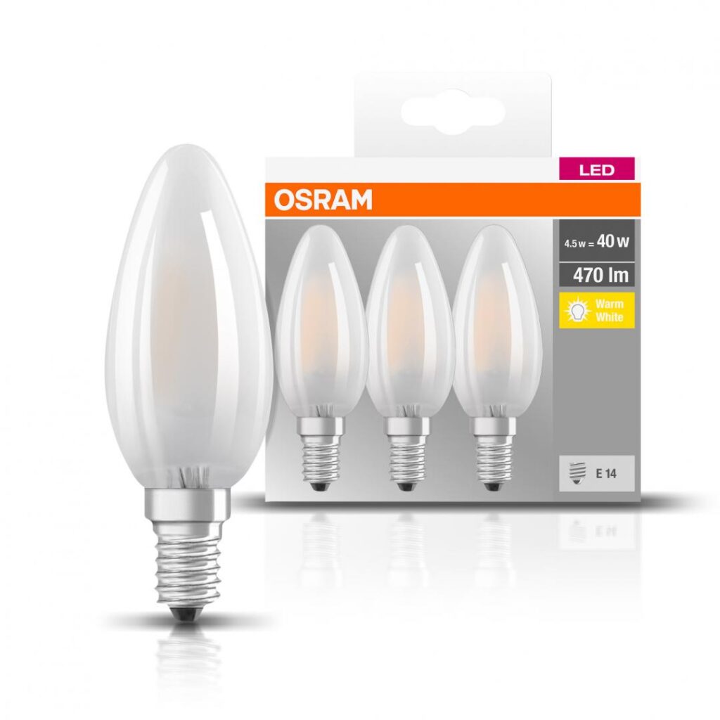 Set 3 becuri LED Osram B40, E14, 4W (40W), 470 lm, mat, lumina calda, clasa energetica E