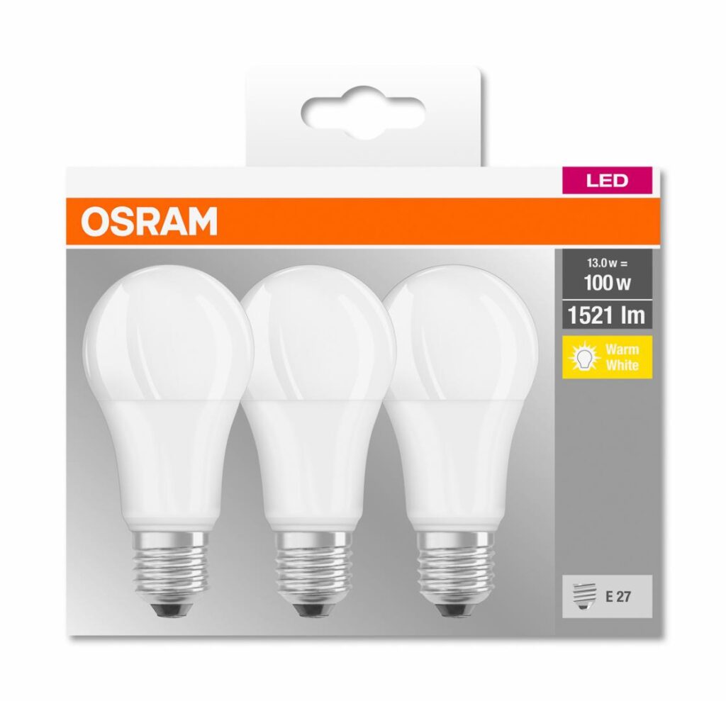 Set 3 becuri LED Osram Base Classic A100, E27, 13W (100W), 1521 lm, lumina calda (2700K), clasa energetica F