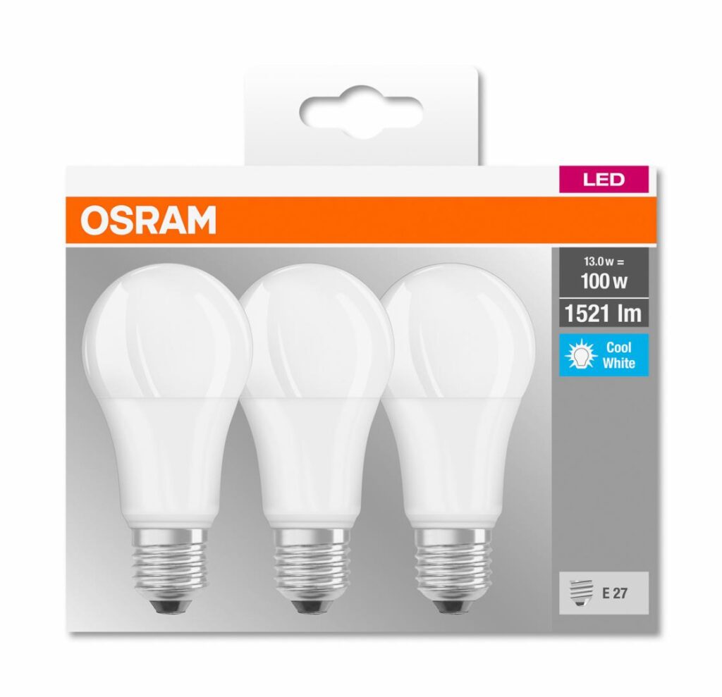 Set 3 becuri LED Osram Base Classic A100, E27, 13W (100W), 1521 lm, lumina neutra (4000K), clasa energetica F