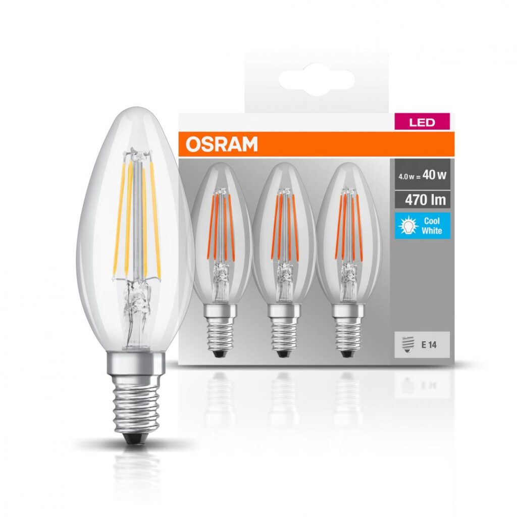 Set 3 becuri LED Osram Base Filament B40, E14, 4W (40W), 470 lm, lumina neutra (4000K), clasa energetica E