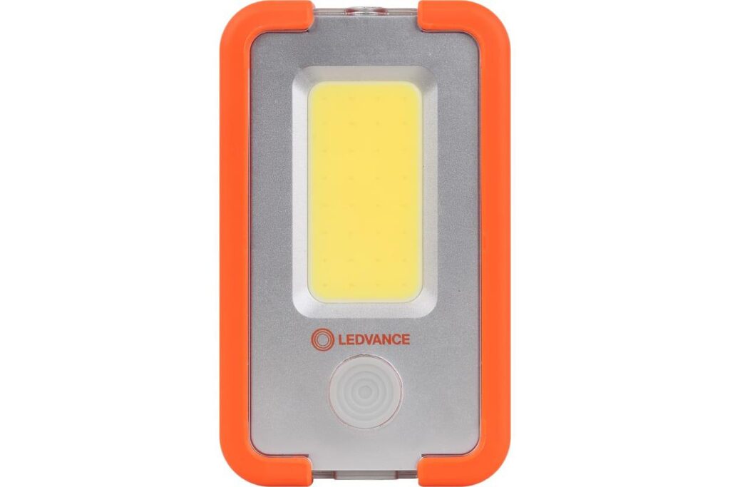 Lanterna LED camping LEDVANCE, 4W COB, 400 lm, 3 moduri de iluminare (100% 400 lm, 30% 120 lm si flash), acumulator Li-Ion 3000mAh, USB power-bank, IP20, brat magnetic, carlig, cablu incarcare USP inclus, Portocaliu/Gri