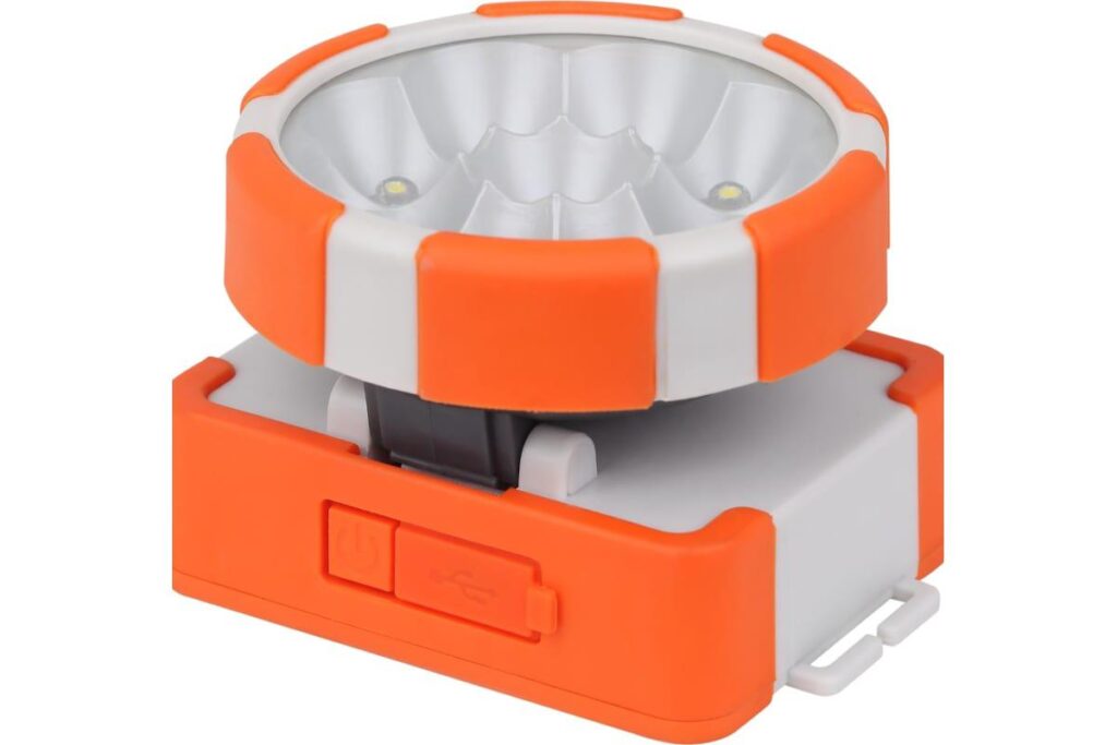 Lanterna LED camping + frontala Ledvance, 1.5W SMD, 100 lm, lumina rece 6500K, 3 moduri de iluminare 100%-400 lm, 30%-120 lm si flash, acumulator Li-Ion 1200 mAh, curea, IP20, Portocaliu/Gri