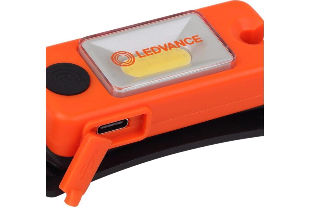 Lanterna LED frontala LEDVANCE, reincarcabila, 2W, 80 lm, IP22, USB-C, 4 moduri de iluminare (100% (80 lm), 50% (40 lm), LED Culoare Rosie ON sau red LED Culoare Rosie flash), acumulator Li-Ion 250mAh, cablu incarcare USP inclus, Portocaliu/Negru