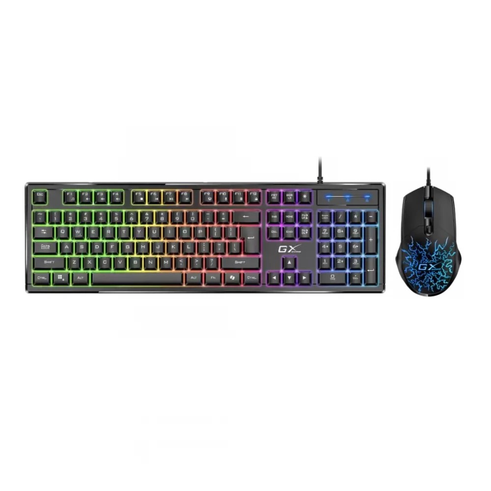 Kit gaming wired Genius, cu fir USB-A, 104 taste mechanical-like, iluminare backlit RGB, tasta Copilot, Mouse Scorpion M300, 2400dpi, negru