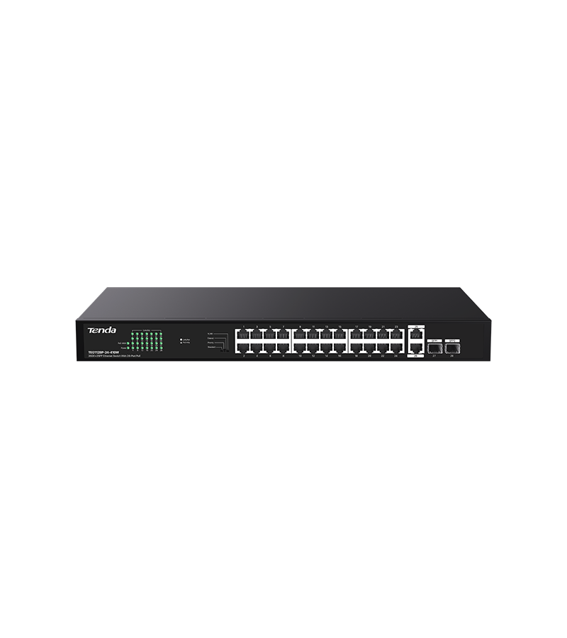 Switch PoE+(370W) fara management, 4 preconfigurari, 26×RJ45 1Gbps (24×PoE+), 2×SFP 1Gbps, rack