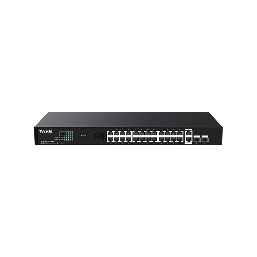 Switch PoE+(230W) fara management, cu 4 preconfigurari, 26×RJ45 1Gbps (24×PoE+), 2×SFP 1Gbps