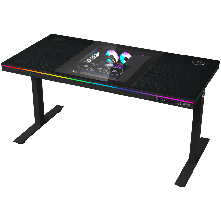 Dual-motor sit/stand adjustable-height gaming desk with built-in PC case, wireless charger, RGB lighting, control panel, and USB ports, wooden tabletop, black.