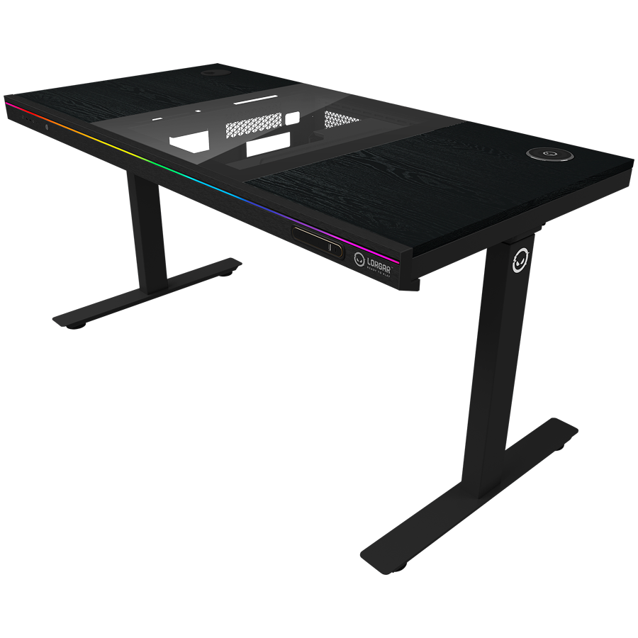 Dual-motor sit/stand adjustable-height gaming desk with built-in PC case, wireless charger, RGB lighting, control panel, and USB ports, wooden tabletop, black. 2 Dual-motor sit/stand adjustable-height gaming desk with built-in PC case, wireless charger, RGB lighting, control panel, and USB ports, wooden tabletop, black. - imagine 2
