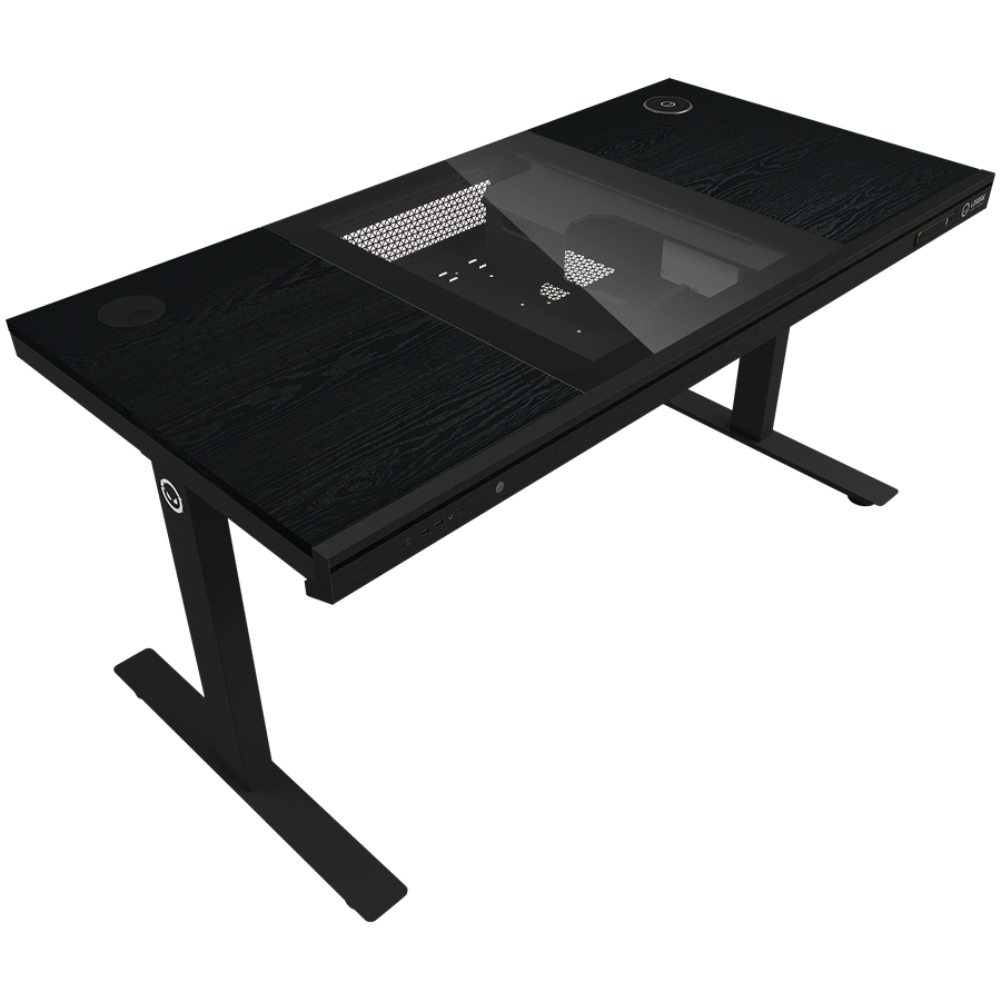 Dual-motor sit/stand adjustable-height gaming desk with built-in PC case, wireless charger, RGB lighting, control panel, and USB ports, wooden tabletop, black. 3 Dual-motor sit/stand adjustable-height gaming desk with built-in PC case, wireless charger, RGB lighting, control panel, and USB ports, wooden tabletop, black. - imagine 3