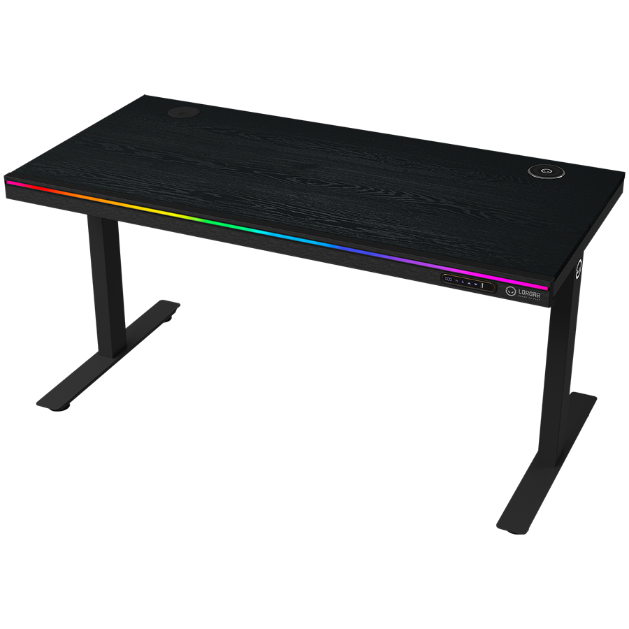 Dual-motor sit/stand adjustable-height gaming desk with wireless charger, RGB lighting, control panel, and USB ports, solid wooden tabletop, black. 1 Dual-motor sit/stand adjustable-height gaming desk with wireless charger, RGB lighting, control panel, and USB ports, solid wooden tabletop, black.