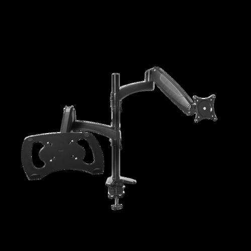 Suport monitor dual Trust Mara, brat pentru monitor cu tava pentru laptop,reglabil de pana la 32 inchi, suport pentru laptop de pana la 17 inchi, cu arc de gaz, pivotant și inclinat, suport Vesa 75/100-negru