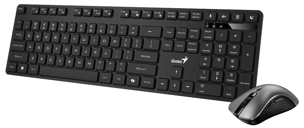 KIT wireless GENIUS, tastatura wireless 104 taste (slim) + mouse wireless 1200dpi, 3 butoane, 11 taste functii multimedia, silent, AI key, negru