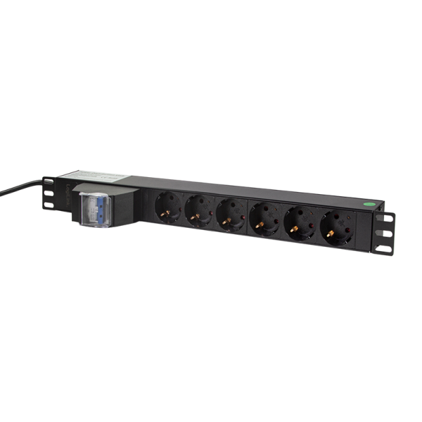 Prelungitor PDU LOGILINK 1U pentru rack 19 inch, 6 prize Schuko, intrare Schuko, max 16 A, circuit intrerupere 2 poli, 2 m
