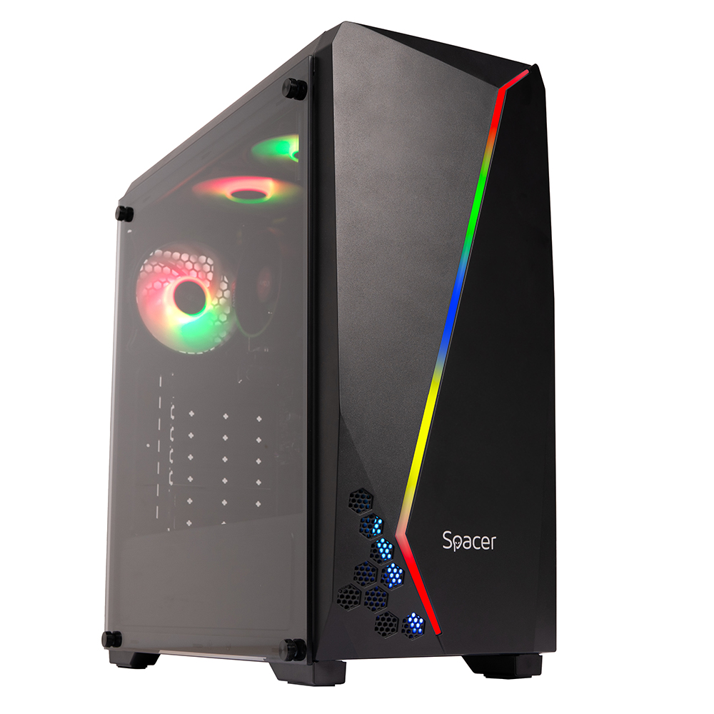 Sistem Desktop PC Gaming APU Spacer Disruptor cu procesor AMD Ryzen™ 5 3400G pana la 4.2GHz, 16GB DDR4, 1TB SSD, Radeon™ RX Vega 11 Graphics, No OS, Negru