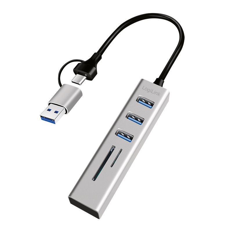 HUB extern LOGILINK, porturi USB: USB 3.0 x 3, conectare prin USB-C 3.0, adaptor conectare USB-A, SD/SDHC + microSD, metal, argintiu