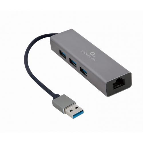 Hub, Gembird, USB 3.0, 3 porturi, Gigabit port, Gri