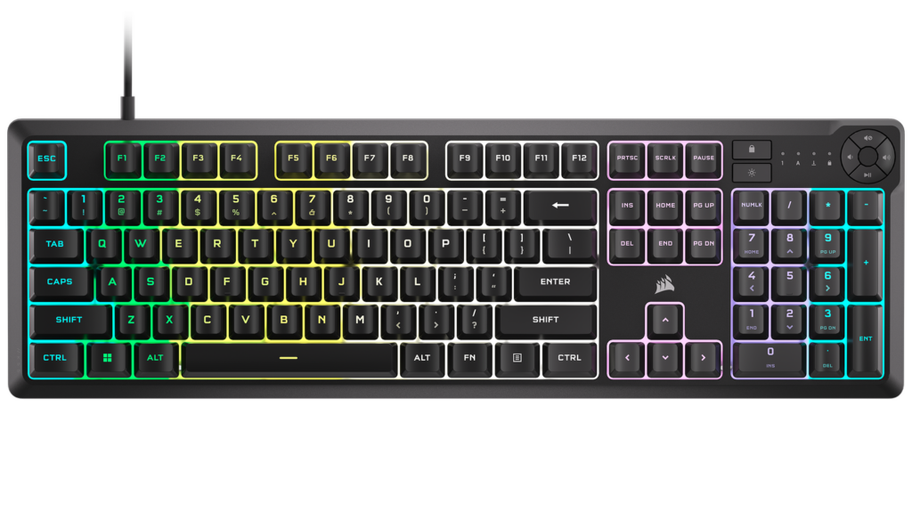 Tastatura gaming Corsair K55 CORE iCUE, rubberdome, ten-zone RGB, four dedicated media keys, responsive switches, 300ml spill resistance, black