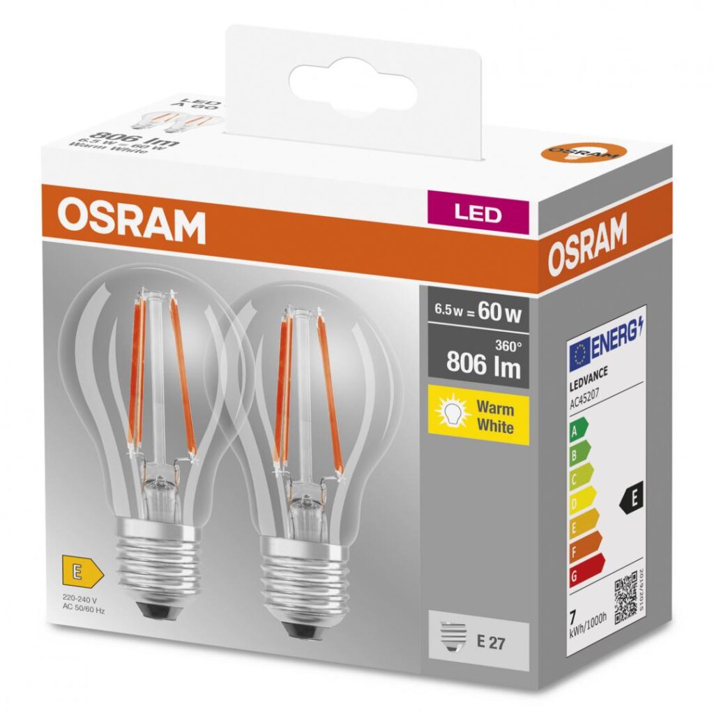 Set 2 becuri LED Osram Base Filament A60, E27, 6.5W (60W), 806 lm, lumina calda (2700K), clasa energetica E
