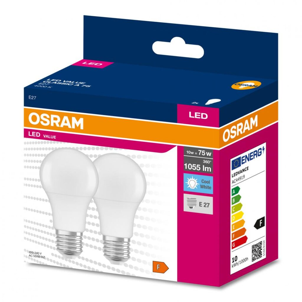 Set 2 becuri LED OSRAM VALUE CLA75, E27, 10W 75W, 1055lm, lumina neutra 4000K