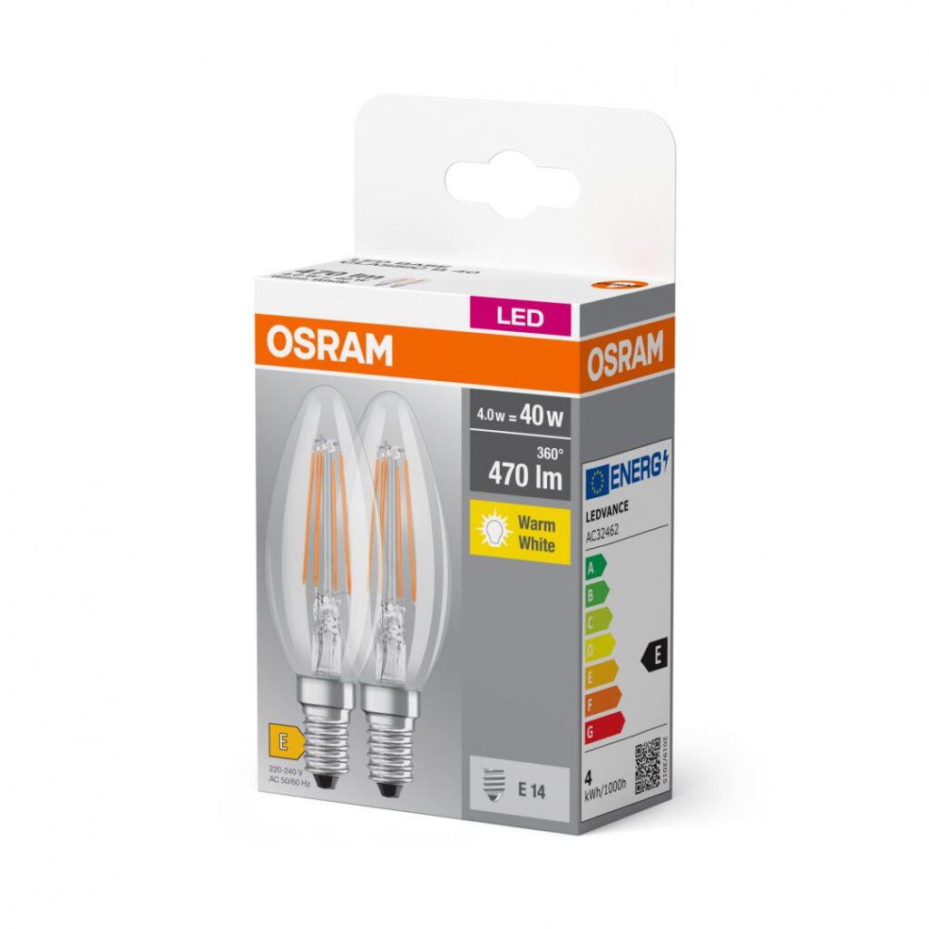 Set 2 becuri LED OSRAM Base filament B40, E14, 4W (40W), 470 lm, lumina calda (2400K), clasa energetica E