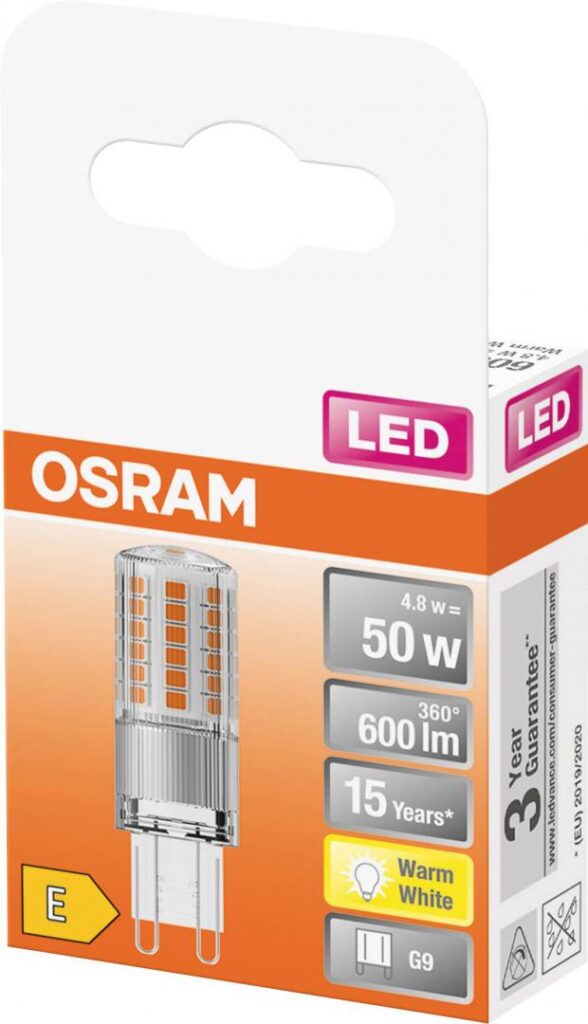 Bec LED Osram PIN G9, 4.8W (50W), 600 lm, lumina calda (2700K), clasa energetica E