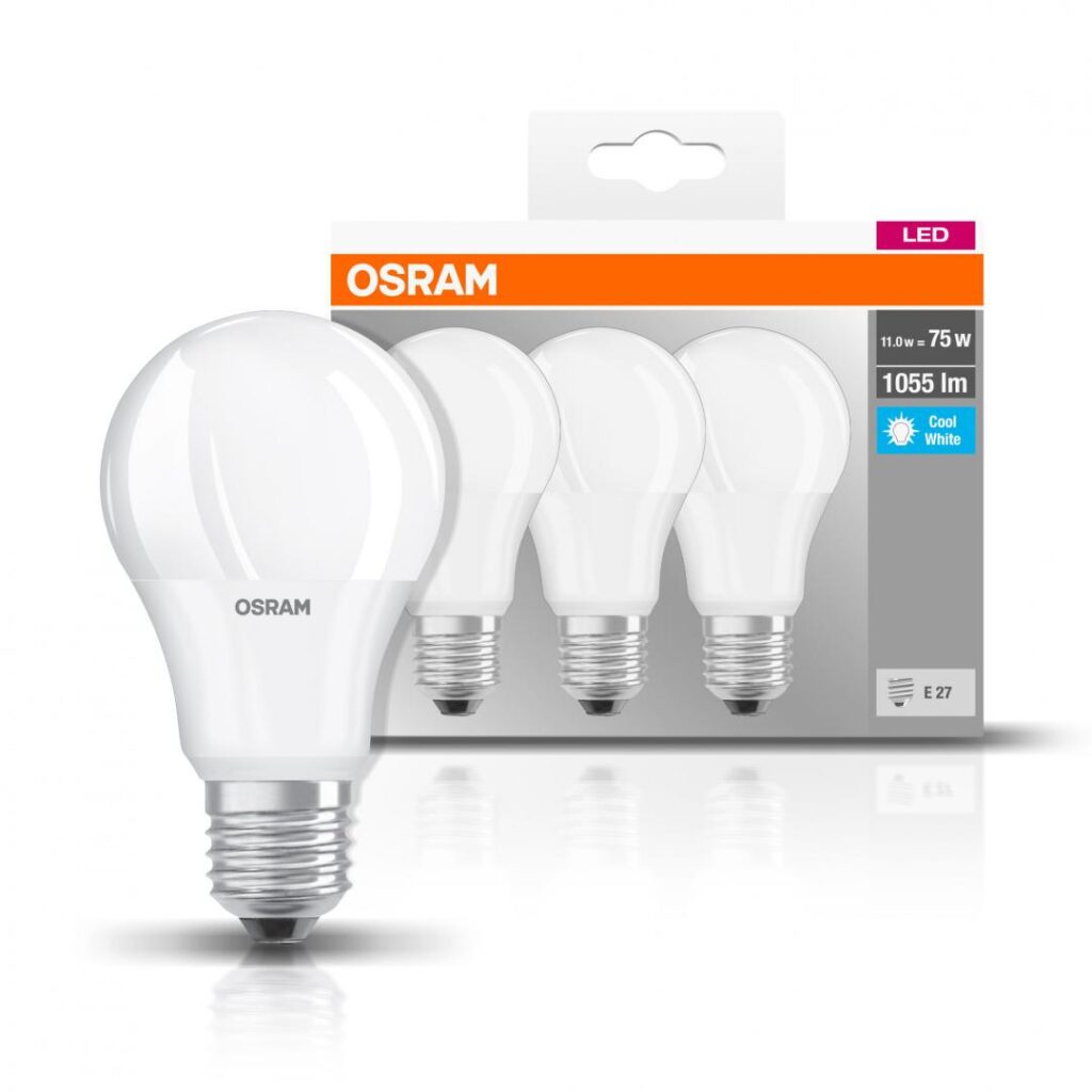 Set 3 becuri LED Osram Base, A75, E27, 10W (75W), 1055 lm, lumina neutra (4000K), clasa energetica F