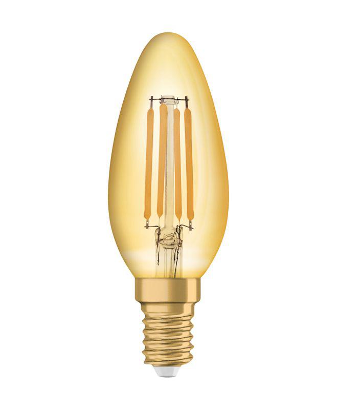 Bec LED OSRAM Vintage Filament Gold (decorativ) lumanare, E14, 4W (35W), 410 lm, lumina calda (2700K), clasa energetica F