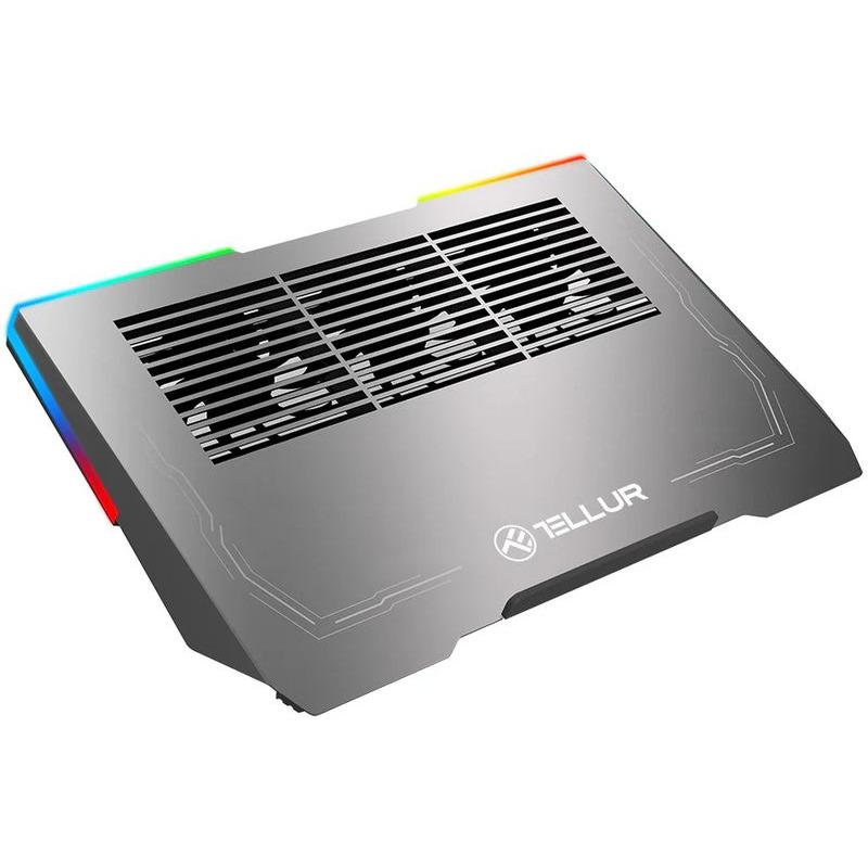 Cooler laptop Tellur Shade, 17", 3 ventilatoare, Band LED RGB, USB, USB-C, aluminiu, Gri
