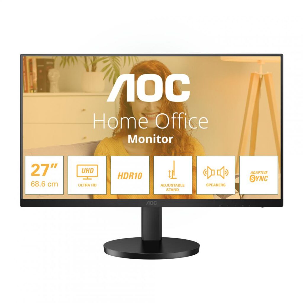 Monitor AOC, 27″, IPS, 4K, UHD, 60Hz, 4ms, HDR10, FlickerFree, Boxe 2W x 2, HA, HDMI, DisplayPort, U27B3AF, Negru