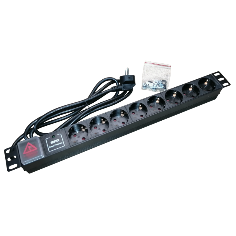 Bara alimentare aluminiu / PDU, 19 inch, 7 prize schuko + switch, protectie la supratensiune, 16A, 3500W, 3x1.5, 2m - EMTEX