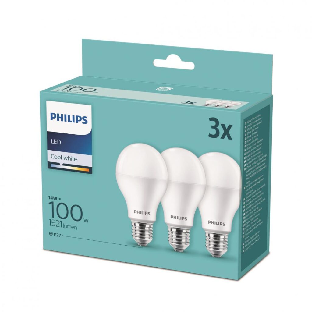 Pachet 3 becuri LED Philips, A67, E27, 13W (100W), 1521 lm, lumina alba rece (4000K), clasa energetica E