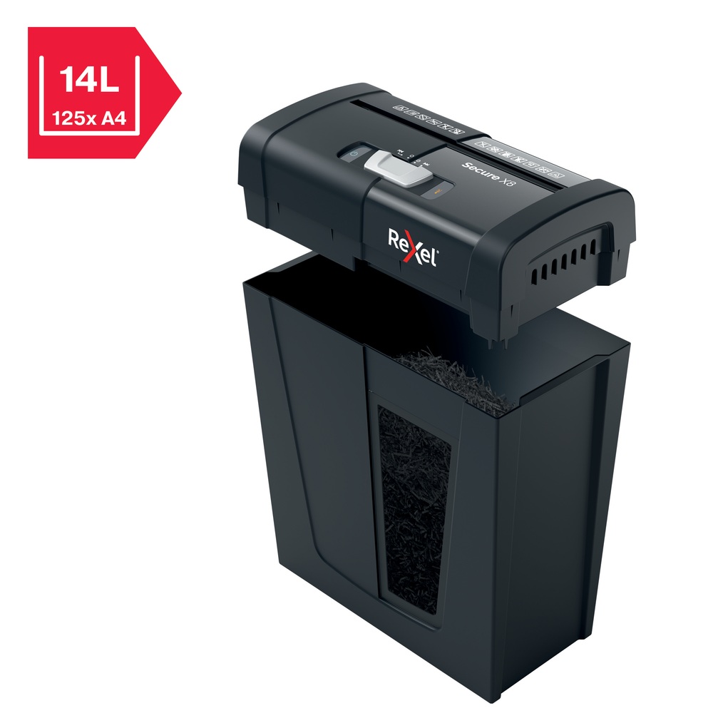 Distrugator documente manual REXEL SECURE X8, P4, cross-cut (confeti), 8 coli, 14l, negru - imagine 3