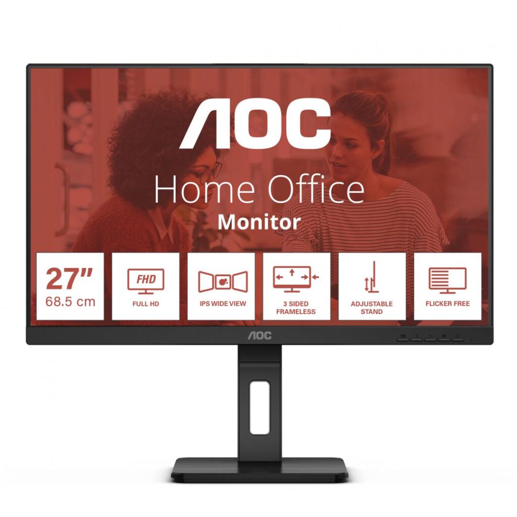 Monitor AOC, 27″, IPS, FHD, 75Hz, 4ms, FlickerFree, Boxe 2W x 2, HA, Pivot, HDMI, DisplayPort, 27E3QAF, Negru