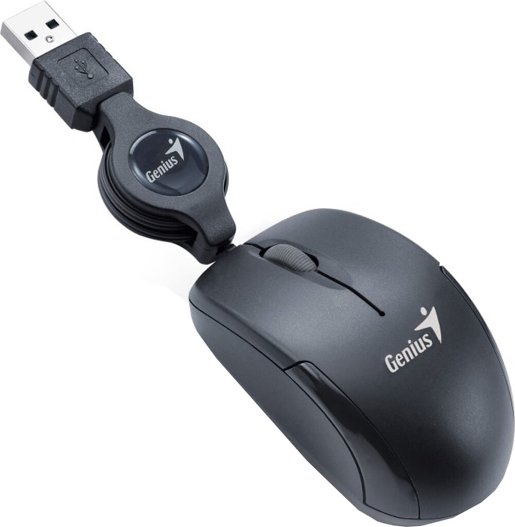Mouse Optic Genius MicroTraveler V2, 1200 DPI, cablu retractabil, USB, Negru