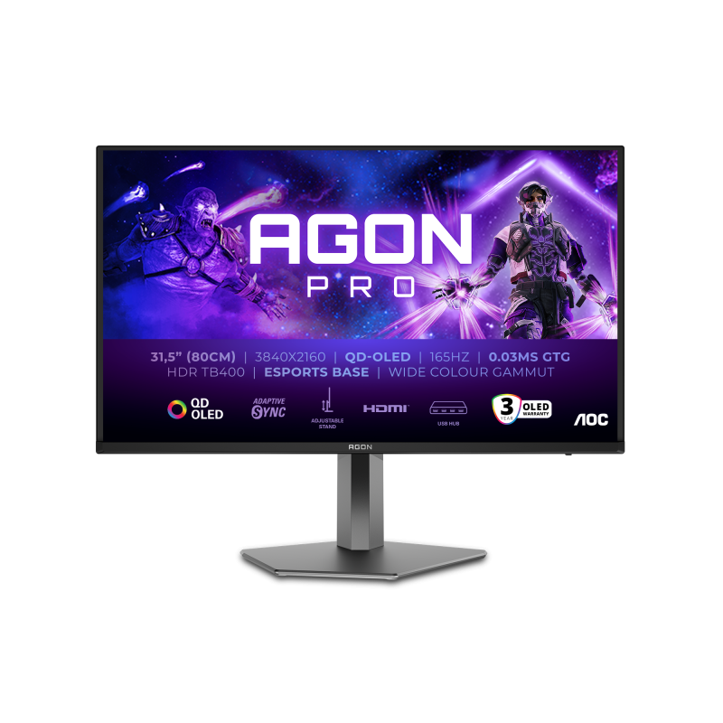 Monitor Gaming AOC, AGON, PRO, 31.5″, QD-OLED, 4K, UHD, 165Hz, 0.03ms, HDR400, TrueBlack, FlickerFree, Boxe, 8Wx2, HA, Pivot, HDMI, DisplayPort, USB, hub, RGB, Light, FX, AG326UD, Negru
