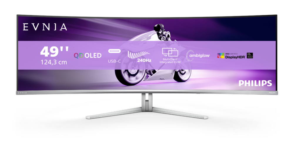 Monitor Gaming Curbat Philips Evnia Super Wide QDOLED 49″, DQHD, 240Hz, 0.03ms GtG, HDMI 2.1, DP 1.4, USB Type-C, FreeSync Premium Pro, FlickerFree, Low Blue, USB hub, Gri, 49M2C8900