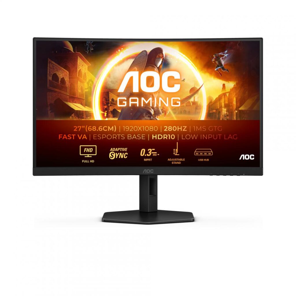 Monitor Gaming AOC, Curbat, 27", VA, FHD, 280Hz, 1ms, 0.3ms, HDR10, FlickerFree, Boxe 2W x 2, HA, Pivot, HDMI, DisplayPort, USB, hub, C27G4ZXU, Negru