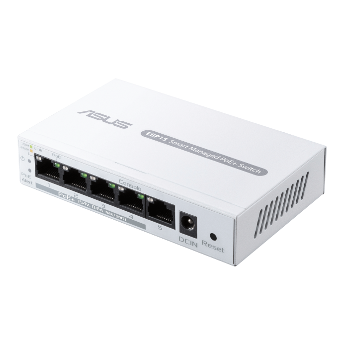 Switch PoE+ Business ASUS ExpertWiFi EBP15, 5 porturi gigabit din care 4 porturi PoE+ cu pana la 60 wati, VLAN, QoS, Port Mirroring, AiMesh, montare perete