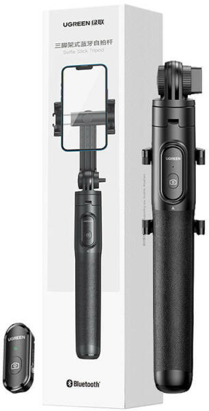 SELFIE STICK Ugreen, „LP586”,  pt. smartphone, pliabil + telecomanda bluetooth, functie de trepied, Bluetooth 4.2, baterie CR1632, aluminiu, alb „15062” (include timbru verde 0.8 lei) – 6941876210626